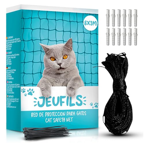 Jeufils® Katzennetz für Terrasse (8 x 3 m) | Katzennetz, inkl. Befestigungsset, Bedienungsanleitung - Katzennetz für Terrasse (schwarz), Katzennetz von Jeufils