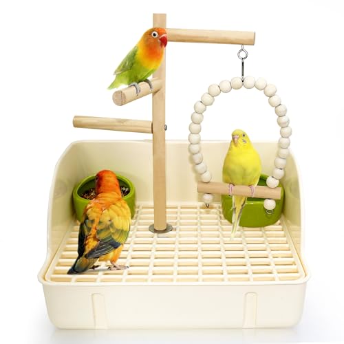 3-in-1 Vogel-Spielplatz-Ständer mit großem Tablett, Holz-Vogelspielständer, groß, Papageien-Sitzstange mit Futternäpfen, Sittich-Spielplatz für Außenkäfig, Fitnessaktivitäten für Lovebirds Conure von Jevnd