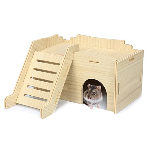 Hamsterversteck, Hamsterhaus aus Holz mit Kletterleiter und Fenster, handgefertigtes Hamsterhütte zum Spielen/Kauen/Verstecken für syrische Hamster, Rennmäuse und Lemmings von Jevnd