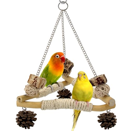 Jevnd Vogelschaukel für Käfig mit Kauspielzeug, 3 mit Sisal umwickelte Papageien-Sitzstangen & stabiles Dreieck-Design, Holz Hängesittich Spielzeug Schaukel für Nymphensittiche Lovebirds Conures von Jevnd