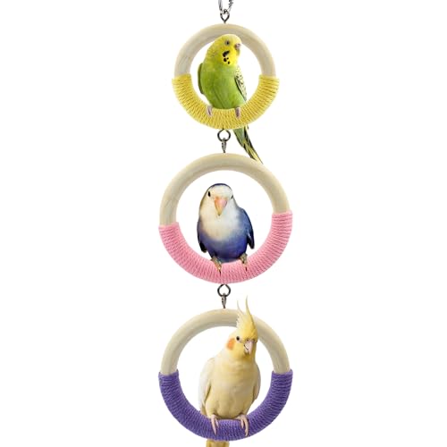 Jevnd Vogelschaukel mit 3 Ringen, umwickelt mit Baumwollseil für Papageien, weicher Griff, dicke Holzsittichschaukel Sitzstange für Käfig, hängende Klettervogelspielzeug für 2-3 Papageien von Jevnd