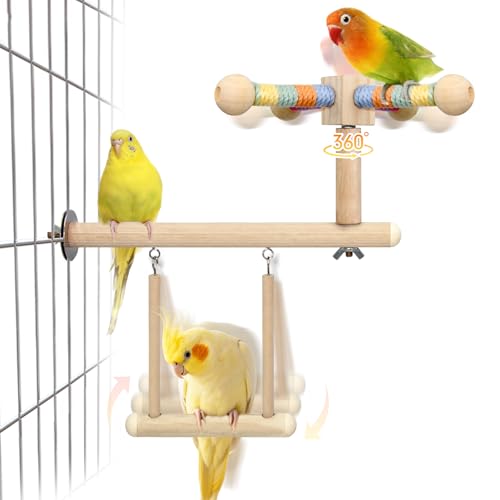 Jevnd Vogelsitzstange und Schaukel, Spielzeug-Kombination, Vogelspielzeug für Papageien mit 360°-Drehfunktion, hängende Sittichschaukel, Vogelkäfigzubehör, Spielzeug, multifunktionales Holzvögel von Jevnd