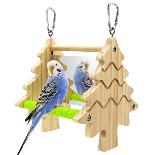 Vogelspiegel Spielzeug Sitzstange, 2-seitige HD-Sittichspiegel & 2 mit Baumwolle umwickelte Sitzstangen für mehrere Vögel, Holzrahmen Hängende Papageienschaukel für Käfig, sicher, keine scharfen von Jevnd