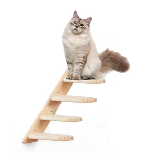 Holz Katzentreppe, Katzenleiter mit Juteseil, Katzentreppe Wand, Katzenbretter für die Wand, Katzen Treppe, Katzentreppe Kletterwand Katze für Katze Klettern Spielen (4 Stufen) von Jevuoyee