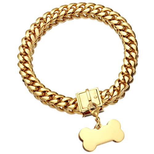 Jewelry Kingdom 1 Goldfarbenes Hundehalsband mit Erkennungsmarke, 18 Karat Metall, Edelstahl, kubanische Gliederkette, stark, strapazierfähig, kaufest, Trainingskette, Halsband (15 mm, 50,8 cm) von Jewelry Kingdom 1