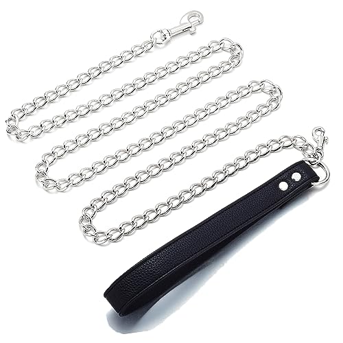 Jewelry Kingdom 1 Hundeleine – stabile und kaufeste Spannkette, bequemer Ledergriff, geeignet für alle Hunderassen, hält die Kette draußen (Silberkette, 10 mm, 1,6 m) von Jewelry Kingdom 1