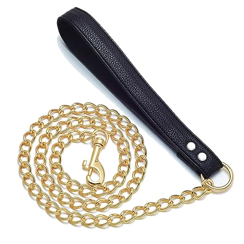 Jewelry Kingdom 1 Hundeleine – stabile und kaufeste Spannkette, bequemer Ledergriff, geeignet für alle Hunderassen, hält draußen (Goldkette, 13 mm, 0,7 m) von Jewelry Kingdom 1