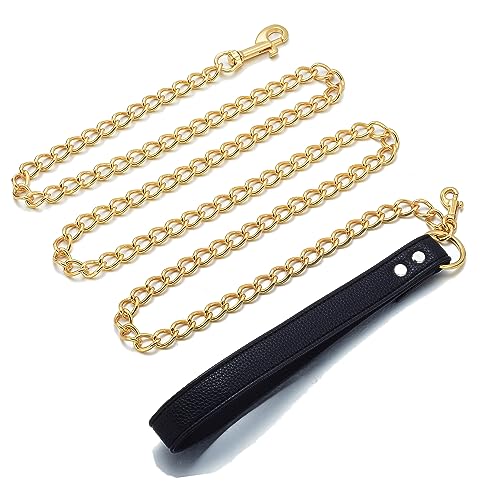 Jewelry Kingdom 1 Hundeleine – stabile und kaufeste Spannkette, bequemer Ledergriff, geeignet für alle Hunderassen, hält draußen (Goldkette, 13 mm, 1,6 m) von Jewelry Kingdom 1