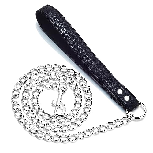 Jewelry Kingdom 1 Hundeleine – stabile und kaufeste Spannkette, bequemer Ledergriff, geeignet für alle Hunderassen, hält draußen (Silberkette, 13 mm, 1 m) von Jewelry Kingdom 1