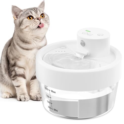 Jewyow 1L Katzenbrunnen Kabellos, Leiser Trinkbrunnen für Katze, 120° Bewegungsmelder Katzentrinkbrunnen mit Batterie Anzeige, 3 Modus, 2200mAh für Katzen, Hunde von Jewyow