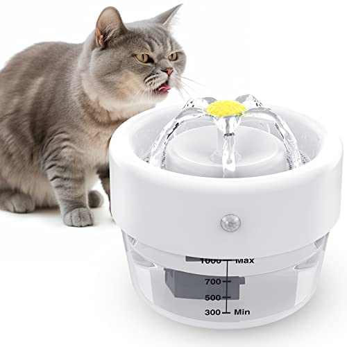 Jewyow 1L Katzenbrunnen Kabellos, 1000mAh Wasserbrunnen für Katzen mit 2 Wasserflusss Modus, 25s Laufzeit, Motion Sensor von Jewyow