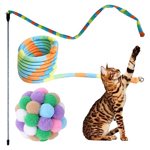 Jextou Regenbogenstab Katzenspielzeug,Schnurspielzeug, interaktives Katzenspielzeug-Zauberstab-Set | Interaktives Schnurspielzeug mit Ball, sicher und farbenfroh für Katzen und Kätzchen von Jextou