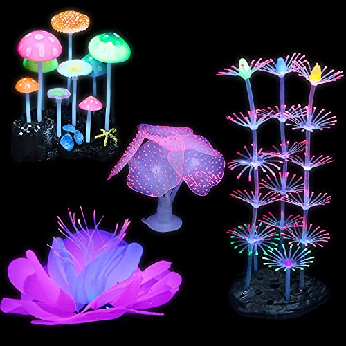 JiaUfmi 4 Stück leuchtende Aquarium-Dekorationen Pflanzen, leuchtende Aquarium-Dekorationen, leuchtender Pilzkorallenpflanze von JiaUfmi