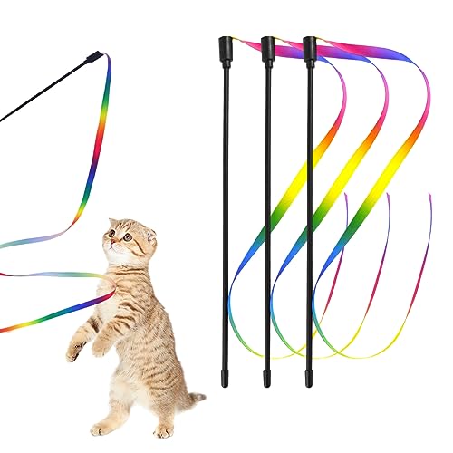 Jiakalamo 3-teiliges Katzenspielzeug, interaktiv, leicht, exquisit, mit Band in Regenbogenfarben, Katzenspielzeug,für Katze (kurzer Pfosten, bunt, 60 cm) von Jiakalamo