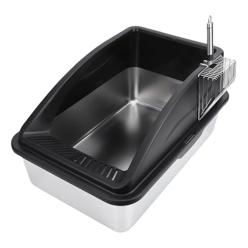 Jiawu Edelstahlkatze Katzentoilette, Metallkitty-Katzentoilette mit Schaufel, Offener Oberer Erhöhter Zaunkatze-Würfe-Tablett, Anti-Leakage, Nicht-Stick, Einfach zu Reinigen (Black) von Jiawu