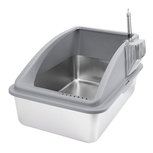Jiawu Edelstahlkatze Katzentoilette, Metallkitty-Katzentoilette mit Schaufel, Offener Oberer Erhöhter Zaunkatze-Würfe-Tablett, Anti-Leakage, Nicht-Stick, Einfach zu Reinigen (dunkelgrau) von Jiawu