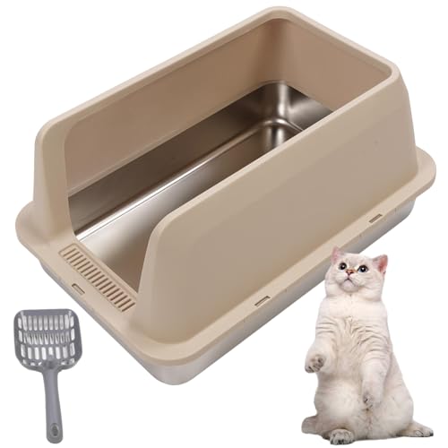 Jiawu Edelstahlkatze Katzentoilette mit Deckel und Schaufel, XL Ligh Müllblattschale, Geschlossene Kitty -Katzentoilette mit Hohen Seiten, Nicht -Stick, 23,62 X 15,75 X 3,94 Zoll (Khaki) von Jiawu