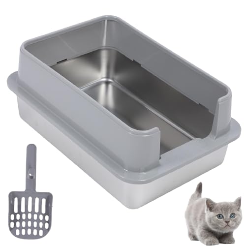 Jiawu Katzenstreu Box aus Edelstahl mit Deckel, Metall-Kitten-Wurfbox mit Hohen Seiten, XL Extra Große Katzen-Wurf-Tablett, Leicht zu Reinigen, ohne Stock, 13,62 "x 19,49" von Jiawu