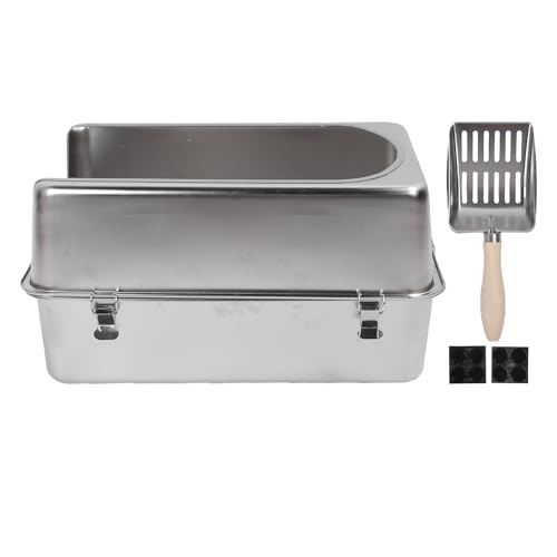 Jiawu Katzentoilette aus Edelstahl, extra große, geschlossene,regenfeste und auslaufsichere Katzentoilette aus Metall mit halber Abdeckung und Schaufel,für große Katzen und Kätzchen von Jiawu