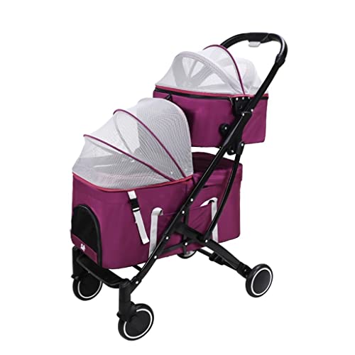 Doppeldecker-Kinderwagen Für Hunde Haustier-Kinderwagen Katzen-Kinderwagen Outdoor-Kinderwagen Outdoor-Hunde-Kinderwagen (Color : Purple, Size : 66 * 47 * 100cm) von JingYi Store