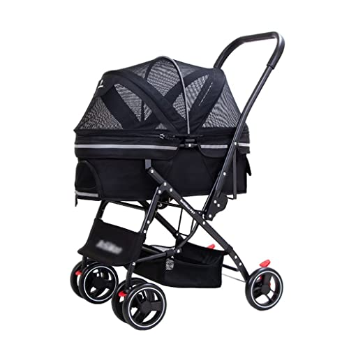 Haustier-Kinderwagen Faltbarer Hunde-Kinderwagen Outdoor-Kinderwagen Katzen-Kinderwagen Lederarmlehne (Color : Black, Size : 60 * 49 * 98cm) von JingYi Store