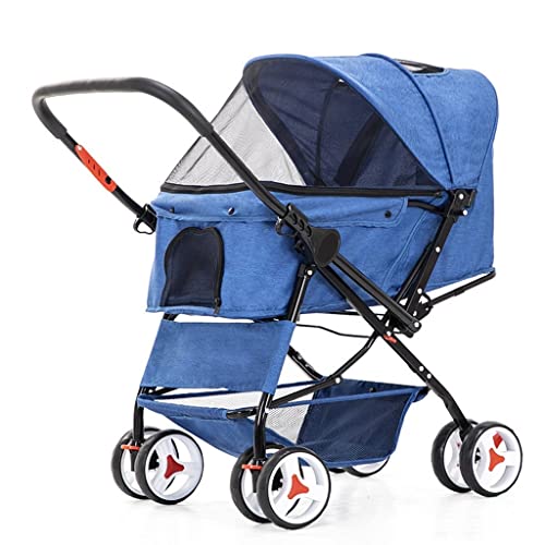 Haustier-Kinderwagen Zusammenklappbarer Hunde-Kinderwagen Zwei-Wege-Kinderwagen Vierrad-Kinderwagen Outdoor-Haustier-Kinderwagen (Color : Blue, Size : 65 * 53 * 99cm) von JingYi Store