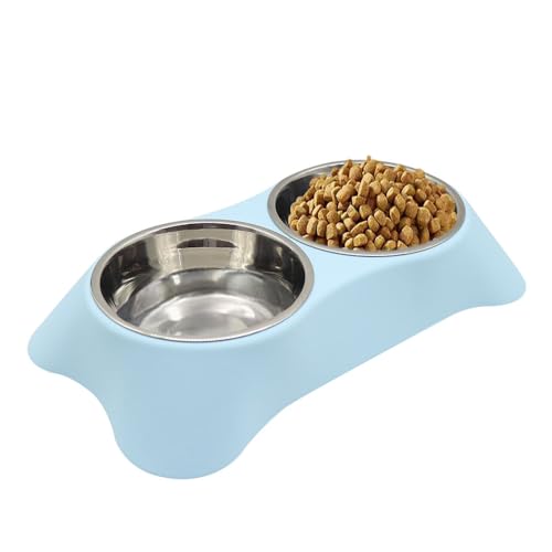 Jingsen Doppelter Futternapf für Katzen, Kaninchen, rutschfester Edelstahl, doppelter Futternapf mit auslaufsicherem Design für kleine Haustiere wie Welpen, Katzen, Kaninchen usw. (Blau, groß) von Jingsen