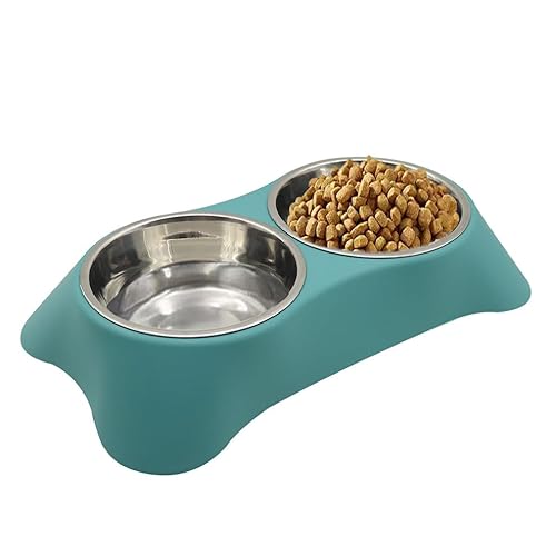 Jingsen Doppelter Futternapf für Katzen, Kaninchen, rutschfester Edelstahl, doppelter Futternapf mit auslaufsicherem Design für kleine Haustiere wie Welpen, Katzen, Kaninchen usw. (Dunkelgrün, Medium) von Jingsen