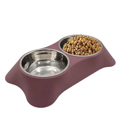 Jingsen Doppelter Futternapf für Katzen, Kaninchen, rutschfester Edelstahl, doppelter Futternapf mit auslaufsicherem Design für kleine Haustiere wie Welpen, Katzen, Kaninchen usw. (Dunkelrot, Medium) von Jingsen
