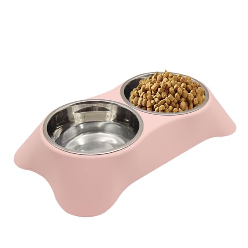 Jingsen Doppelter Futternapf für Katzen, Kaninchen, rutschfester Edelstahl, doppelter Futternapf mit auslaufsicherem Design für kleine Haustiere wie Welpen, Katzen, Kaninchen usw. (Rosa, klein) von Jingsen
