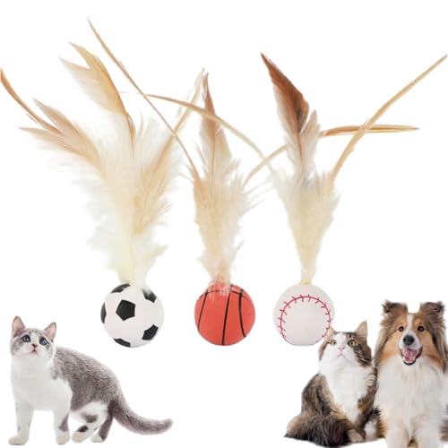 3 x Katzen-Hüpfball mit Feder, Katzenspielzeugbälle, Hüpfschwänze, C-at Spielzeug für Indoor-Katzen, interaktiver Hüpfball für C-at Hund, C-at Fea-ther-Spielzeug, C-at Entertainment, Hüpfspielzeug, von Jinjiar