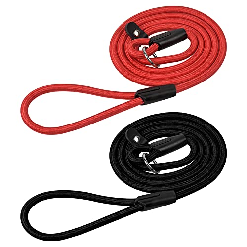 Jinlaili 2 Stück Nylon Hundeleine, Leichte Geflochtene Hundeleine, Verstellbare Retrieverleine, Führleine mit integrierter Halsung, Trainingsleine für Kleine Mittlere Große Hunde (Schwarz+ Rot) von Jinlaili