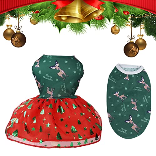 Jinmen Süßes Hunde-Weihnachts-Outfit-Kleid - Niedlicher Hund Rock und Weste Set | Elch-Weihnachtsbaum-Schneeflocken-Hundefeiertagskleid-leichtes Hündchen-Kostü -Welpen-Kleidung-Haustier-Bekleidung von Jinmen