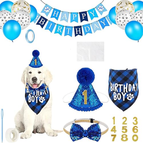 Haustier Geburtstag Party Zubehör Hund Hut Fliege Dreieck Schal Pull Flagge Set Party Dekoration Lieferungen Reflektierende Katzenkragen (Blue, One Size) von Jipersuo
