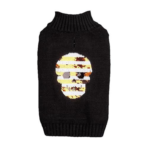 Lustiger, mittelhoher Strickpullover mit Halloween-Motiv, schwarzem Totenkopf, besticktem goldenen silbernen Pailletten Retri.-Welpenpullover Hundeschuhe (Black, L) von Jipersuo