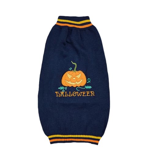 Spook.y Kürbis-Halloween-Strickpullover für kleine und mittelgroße Hunde, fusselfrei, passend für lustiges Design Hundekragen LED (Navy, L) von Jipersuo