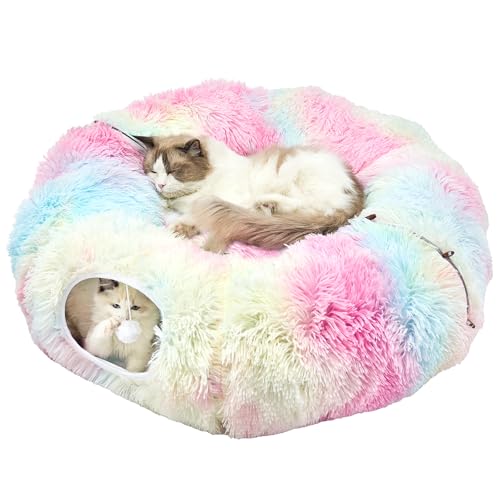 JIUPETY Katzentunnel Plüsch mit Schlafplatz, Faltbar Katzentunnel Bett XXL, Katzen Tunnel mit baumelnden Bällen, Cat Tunnel für Katzen, Kaninchen, Frettchen, Rainbow von Jiupety