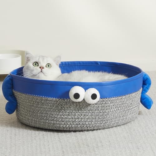 Jiupety Blue Eye Katzenbett, rund, gewebtes Baumwollseil, Katzenbetten für den Innen- und Außenbereich, kleines Hundebett mit waschbarem, abnehmbarem Kissen, Kratznestkorb für Katzen, Kätzchen, von Jiupety