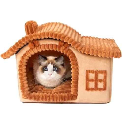 Jiupety Brown-Bear Katzenbett Haus | Kleines Hundehaus Indoor Katzenhaus | Genug Innenraum | Haustierbett Haus für 1,4-2,7 kg Kitty Katze und Welpen | Klassisches Kamin-Katzenbett Haus von Jiupety