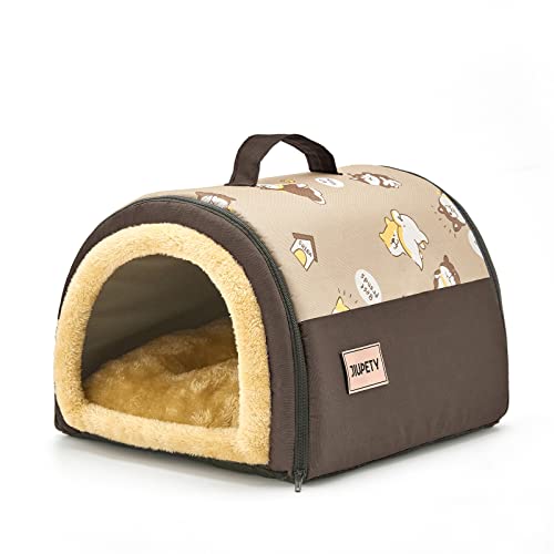 Jiupety Cozy Haustierbett Haus, 2 in 1 Haustierhaus, S Größe für Katze und Kleine Hund, Warme Höhle Schlafen Nest Bett für Katzen und Hunde, Braun von Jiupety