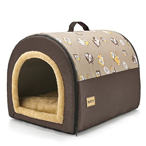 Jiupety Hundehaus Gemütlich, 2 in 1 Kleine Hundehaus, L Größe für kleine mittelgroße Hunde, bequeme Höhle tragbares Haus für Hunde, Braun von Jiupety