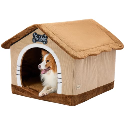 Jiupety Hundehöhle Hundehütte Indoor mit Rahmen, Gemütliche Hundehaus für Drinnen, Hundebett mit Dach für 11-27 kg, 2XL Größe 76x66x64 cm, Brown von Jiupety