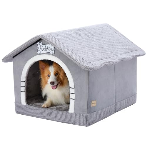 Jiupety Hundehöhle Hundehütte Indoor mit Rahmen, Gemütliche Hundehaus für Drinnen, Hundebett mit Dach für 11-27 kg, 2XL Größe 76x66x64 cm, Grey von Jiupety