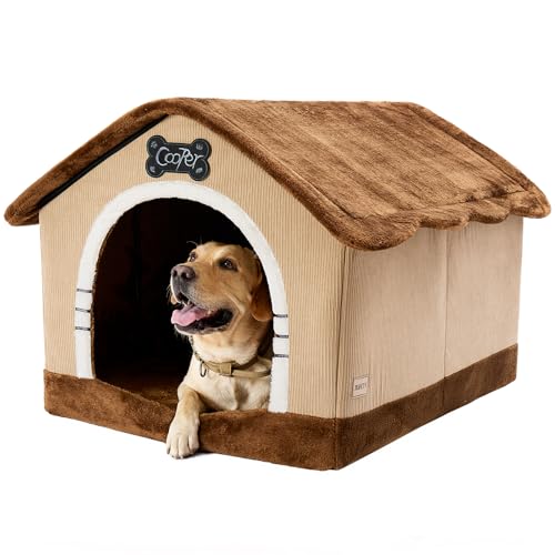 Jiupety Hundehöhle Hundehütte Indoor mit Rahmen, Gemütliche Hundehaus für Drinnen, Hundebett mit Dach für 23-41 kg, 3XL Größe 97x76x71 cm, Brown von Jiupety