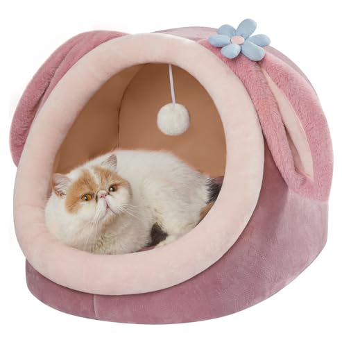Jiupety Niedliches Katzenbett für Indoor-Katze, schönes Kristallsamt-Iglu für Katze, Kaninchenbett und Katzenbett Höhle für Welpen und Kätzchen, rosa Kaninchen, L von Jiupety