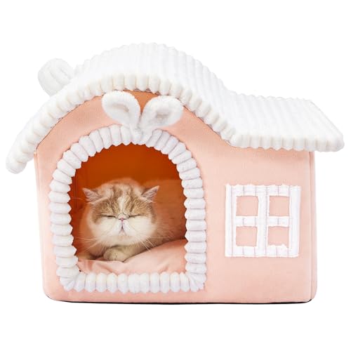 Jiupety Kaninchen Katzenhaus für Katzen, Schornstein Katzenhaus für Indoor Katzen, genug Innenraum, Rosa Haustier Tierhaus für 1,4-6,8 kg große Katze und Welpen, Cartoon süßes Kamin-Katzenhaus von Jiupety