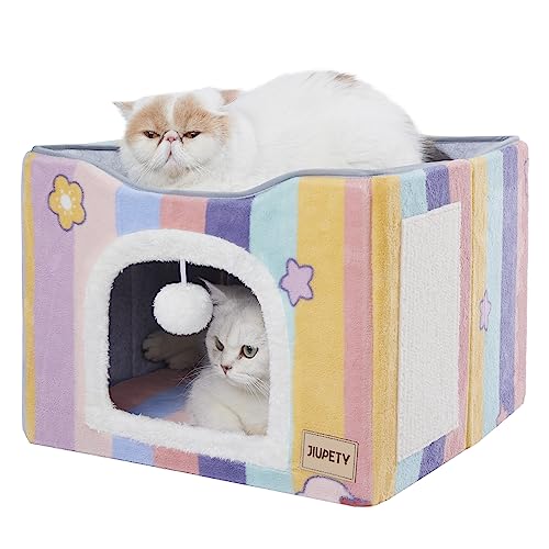 Jiupety Faltbares Katzenhaus Indoor, Katzenhöhle 2 Schicht Würfel Großer Raum Katzenbett für 2 Katzen, Katzenbett mit Kratzbrett und Spielball, Cat Bed 44L x 44W x 36H cm, Regenbogen Jiupety Faltbares Katzenhaus Indoor, Katzenhöhle 2 Schicht Würfel Großer Raum Katzenbett für 2 Katzen, Katzenbett mit Kratzbrett und Spielball, Cat Bed 44L x 44W x 36H cm, Regenbogen von Jiupety