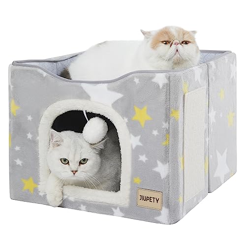 Jiupety Faltbares Katzenhaus Indoor, Katzenhöhle 2 Schicht Würfel Großer Raum Katzenbett für 2 Katzen, Katzenbett mit Kratzbrett und Spielball, Cat Bed 44L x 44W x 36H cm, Classic Star Jiupety Faltbares Katzenhaus Indoor, Katzenhöhle 2 Schicht Würfel Großer Raum Katzenbett für 2 Katzen, Katzenbett mit Kratzbrett und Spielball, Cat Bed 44L x 44W x 36H cm, Classic Star von Jiupety