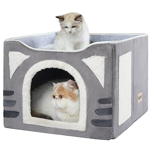 Jiupety Katzenhaus mit Katzenkratzer, niedliches Katzenbett-Haus, Indoor-Katzenhaus für Kätzchen und große Katzen bis zu 9 kg, zwei Katzen (graue Katze) von Jiupety
