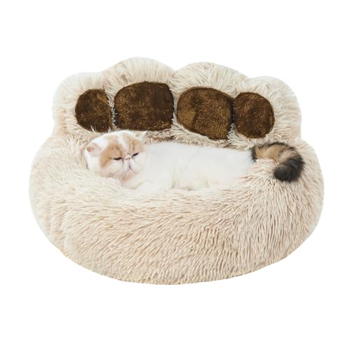 Jiupety Round Katzenbett Flauschig von Pfote Form, Donut-Hundebettn Katzenbetten, Hundebett Kleine Hunde Größe 56cm, Cat Bed Bequem und Weich, Katzenbett Waschbar, Kamel von Jiupety